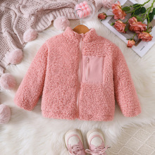 EW外贸童装 中小童新品女童秋冬款纯色圆领毛绒假口袋外套WT1041