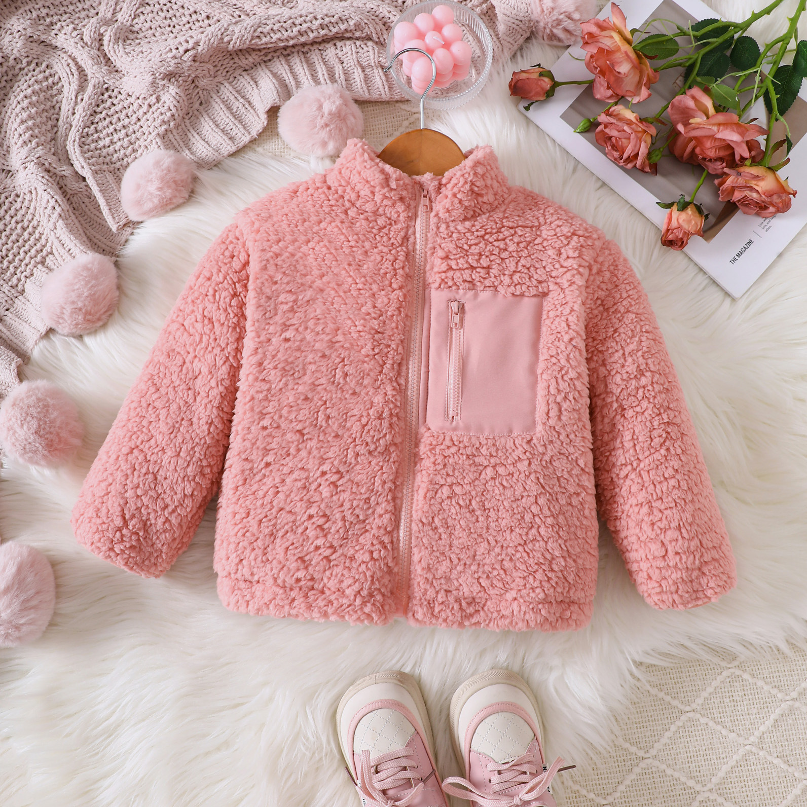 EW外贸童装 中小童新品女童秋冬款纯色圆领毛绒假口袋外套WT1041