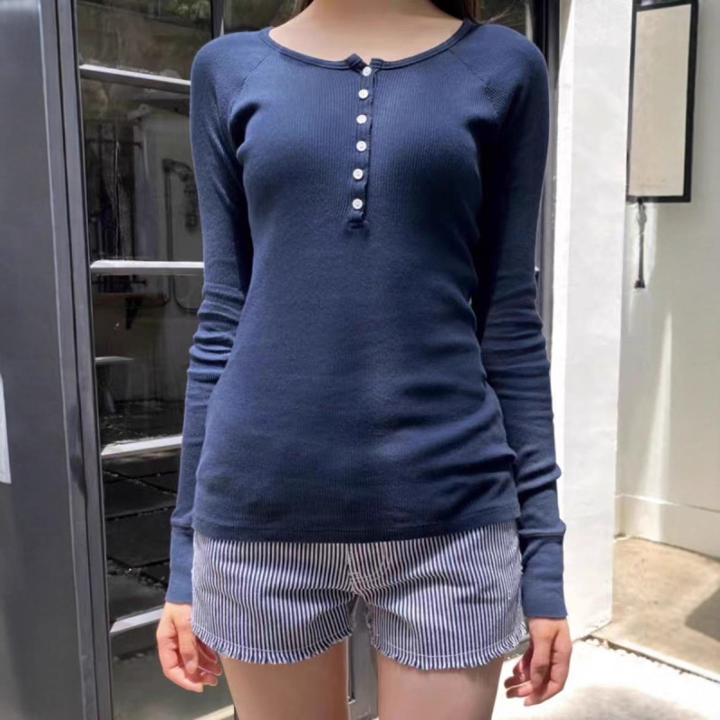 Bm Style Navy Blue Threaded Button Henley Shirt Long-Sleeved T-Shirt Slim Fit Inner Top Six-Button Bottoming Shirt