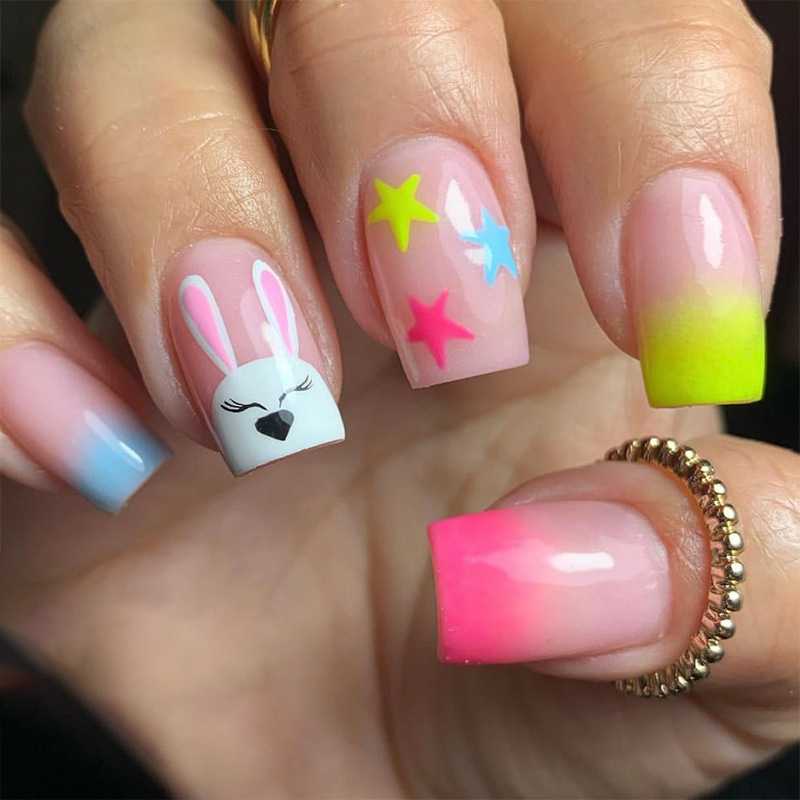Short square nail wear nail gradient Easter short rabbit contrast color sweet wind fake nail detachable 24 pieces