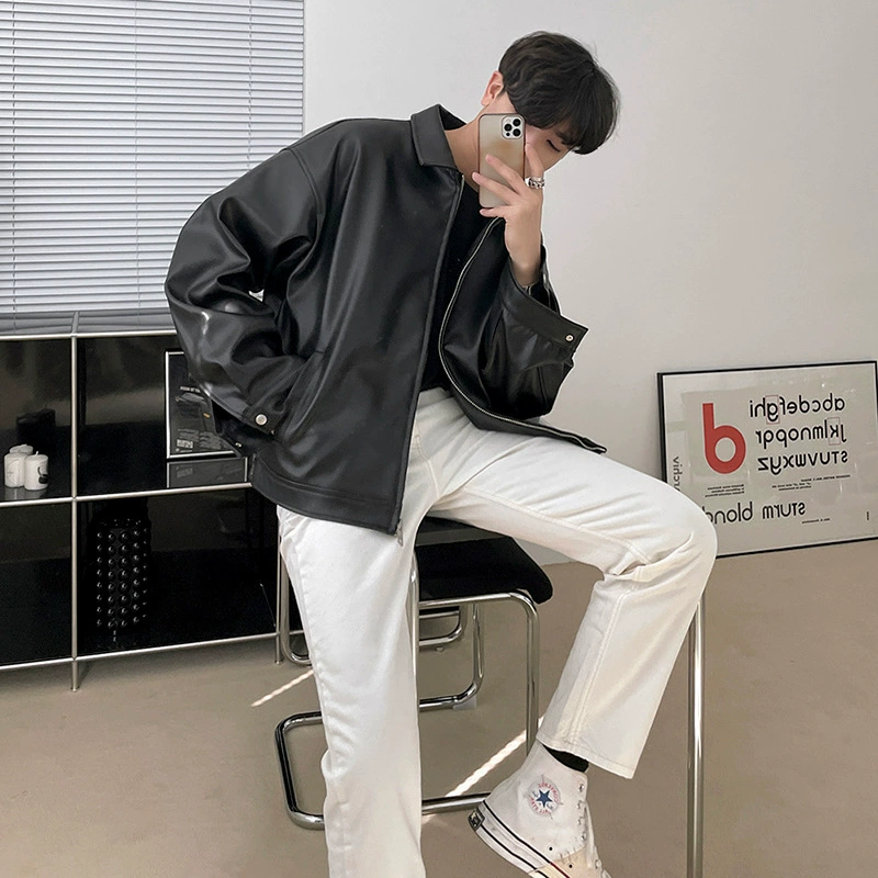 Polyurethane Baseball Jacket, Korean-Style Oversized Casual Jacket, Black, Sizes M–2XL