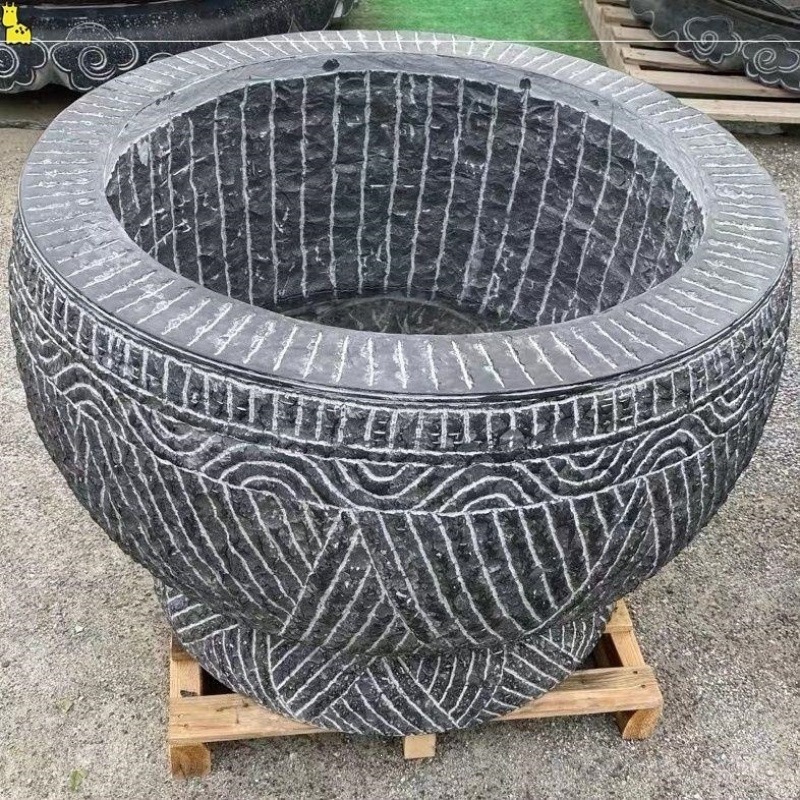 青石鱼缸花盆石水缸庭院石缸石头圆缸纯手工石盆户外石见描述