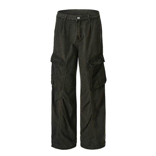 Muqiu Men's Wear ∠ Maillard Street Vintage Washed Multi-Pocket Crane Pants Men's and Women's Loose Wide-Leg Casual Pants