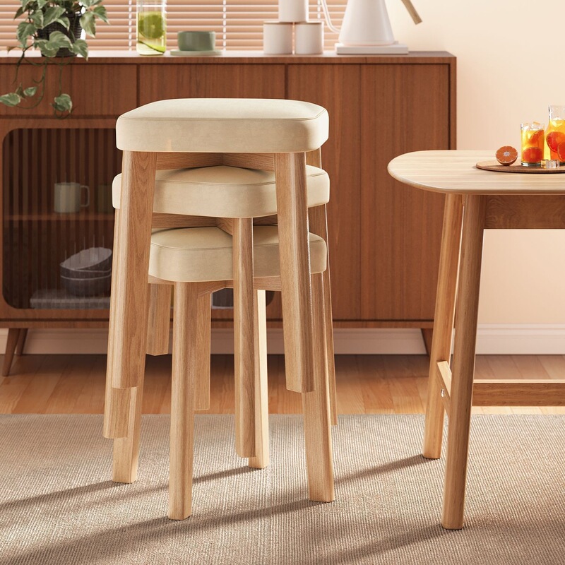 Solid Wood Stools, Stackable, Soft-Covered Square Stools, Sturdy and Durable for Home Use, Spare High Stools for Dining Tables, Simple Dining Room Chairs
