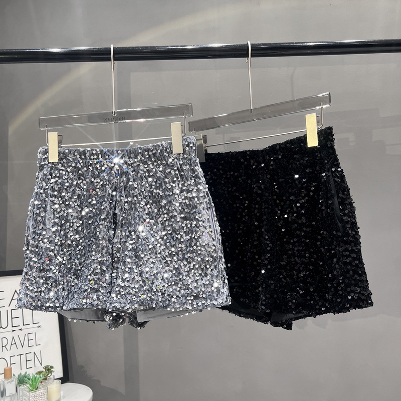 유럽 및 미국 스타일 Sequin 포켓 블랙 반바지 슬림 핏 슬리밍 스웨이드 자수 구슬 그레이 캐주얼 바지 여성용 핫 바지