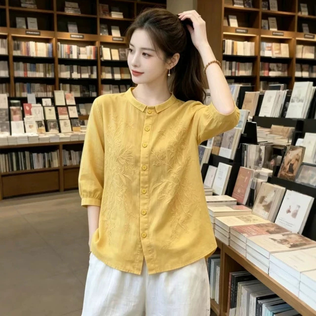 2026 New Summer Style Elegant Fashion Simple Retro Artistic Loose Slimming Seven-Quarter Sleeve Blouse for Women 2026 New Summer Style Elegant Fashion Simple Retro Artistic Loose Slimming Seven-Quarter Sleeve Blouse for Women