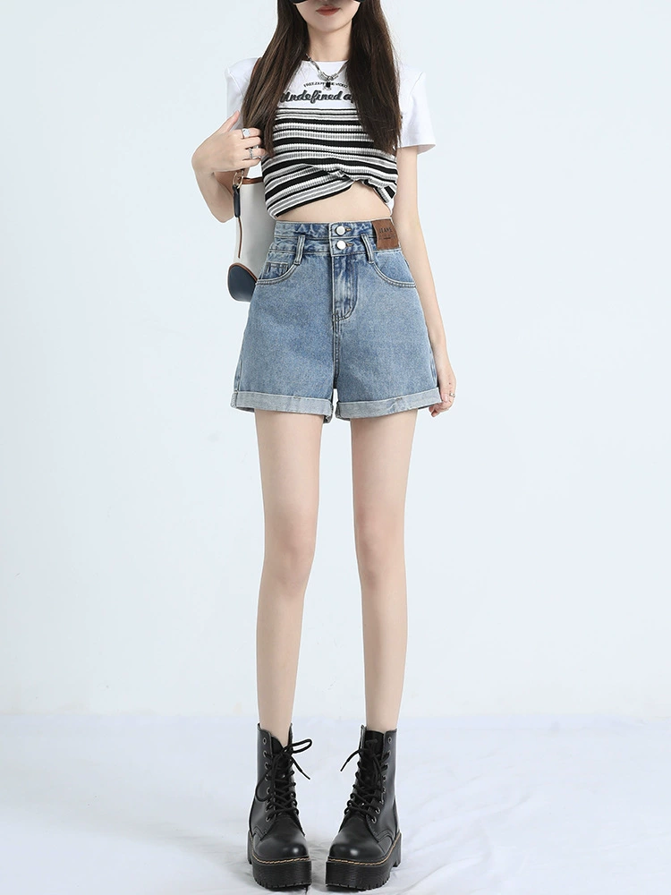 2025 новые летние свободные утягивающие светло-голубые джинсовые шорты с высокой талией для миниатюрных женщин, широкие шорты А-силуэта