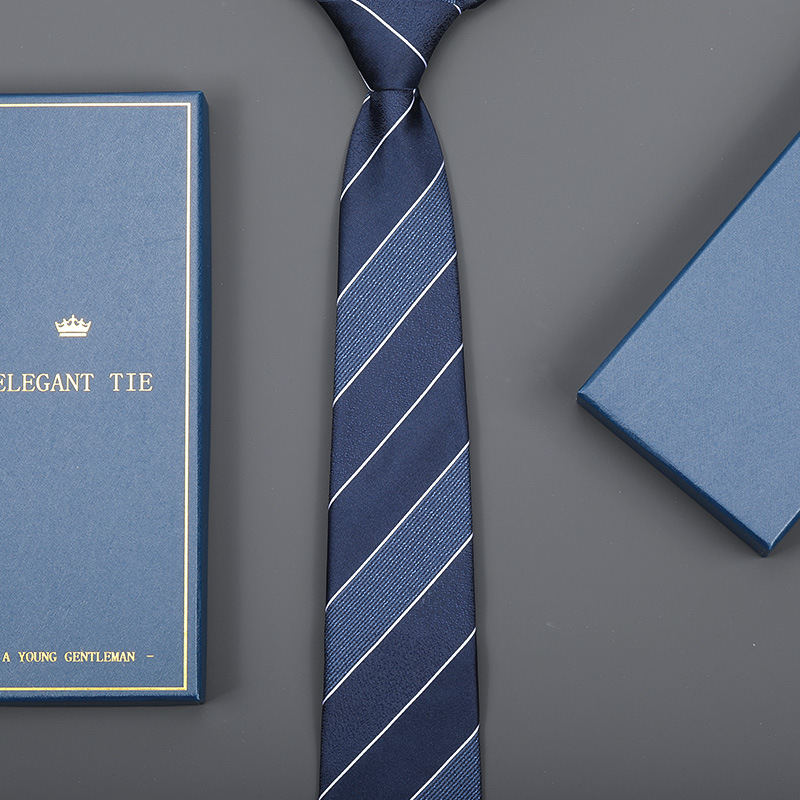 8cm 화이트 스트라이프 네이비 블루 와이드 트윌 지퍼 [롱 선물 상자]