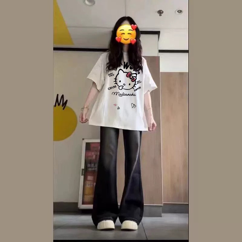 Cute Sweet Girl Casual Suit Summer Student Age-Reducing Hellokitty Short-Sleeved Slightly Flared Jeans Two-Piece Set Cute Sweet Girl Casual Suit Summer Student Age-Reducing Hellokitty Short-Sleeved Slightly Flared Jeans Two-Piece Set