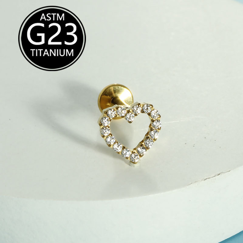 1.2mm Thick F136 Titanium Lip Stud with Fashionable Zircon Heart-Shaped Ear Bone Stud, G23 Titanium Body Piercing Jewelry detail image 8