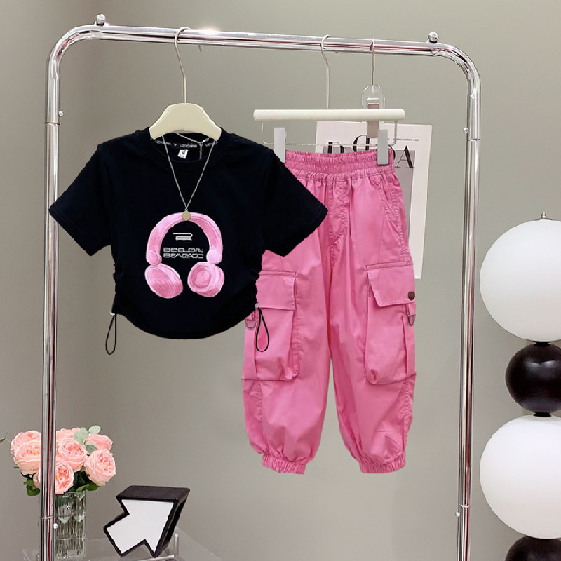 Girls' Short-sleeved Suit Summer 2024 New Children's Korean-style Large Earphones Short-sleeved Crane Pants Two-piece Western Style Trendy