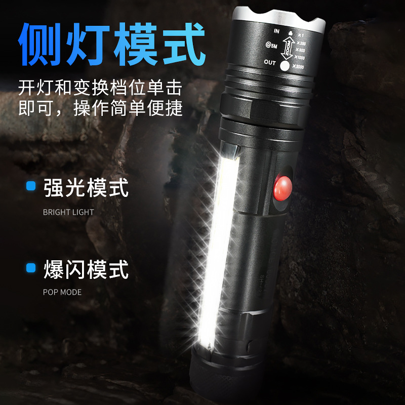 Transfronterizos nueva luz principal T6 + luz lateral COB lámpara de perlas USB carga magnética multifuncional antorcha LED resistente al agua