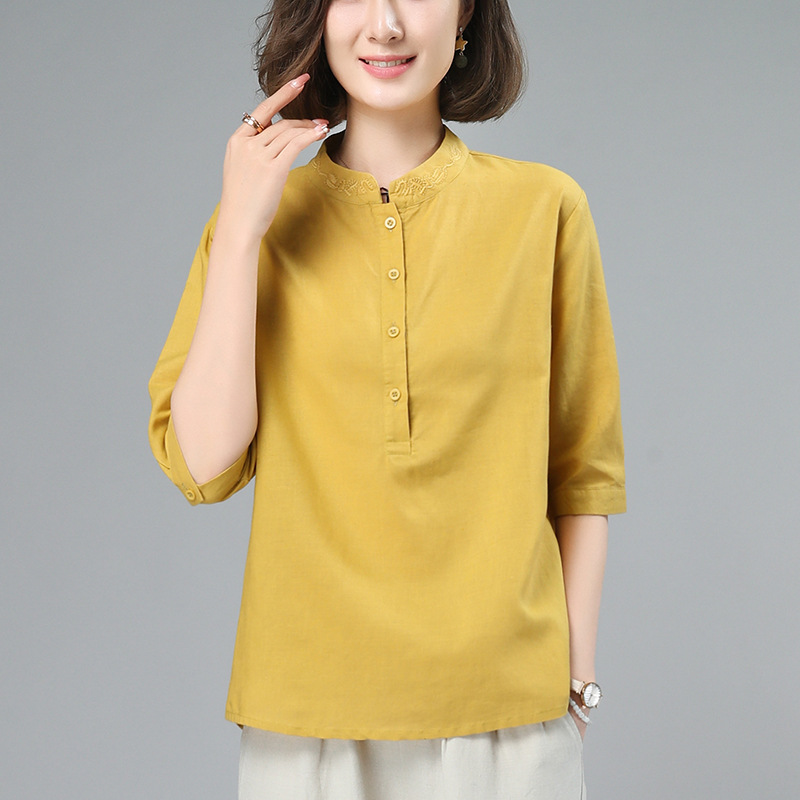 Cotton and Linen Short-Sleeved Shirt for Women 2026 Summer New Style Loose Half-Sleeved Top T-Shirt Mid-Sleeve Embroidered Shirt Blouse