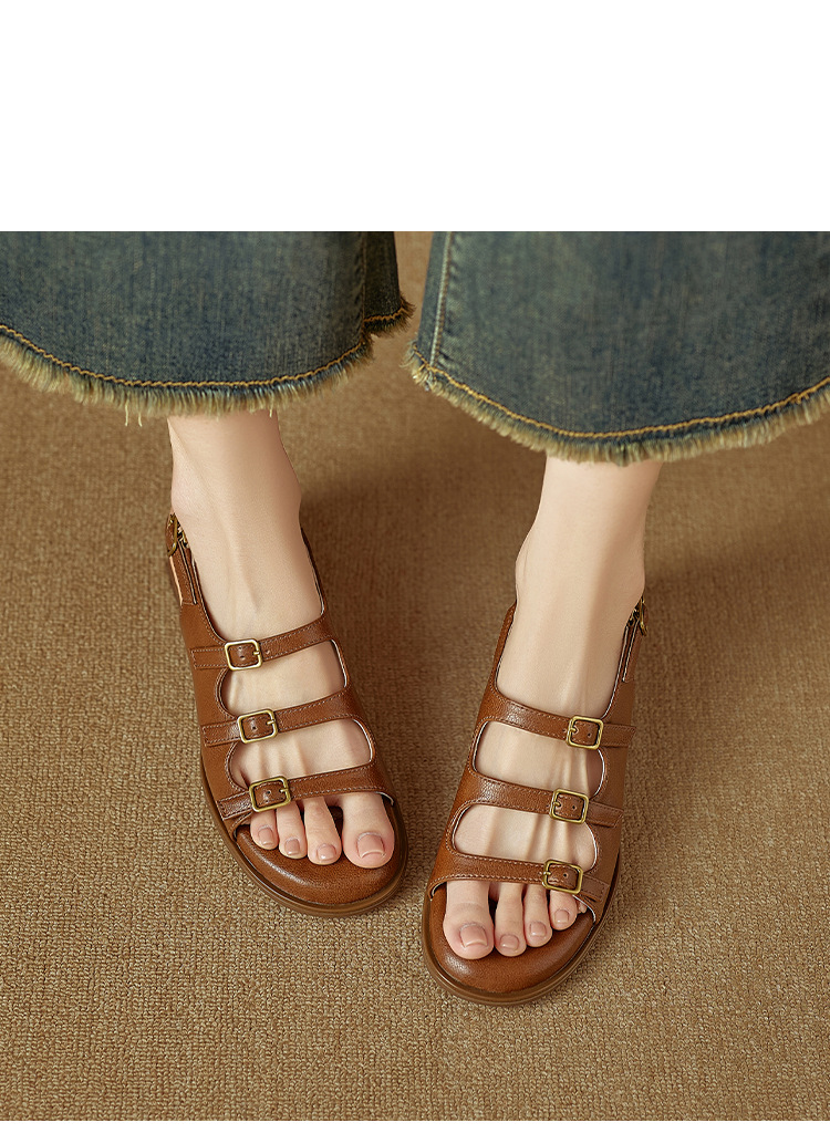 Sandal hở mũi nữ quai ngang gót thấp phong cách La Mã đơn giản — màu nâu chi tiết 12