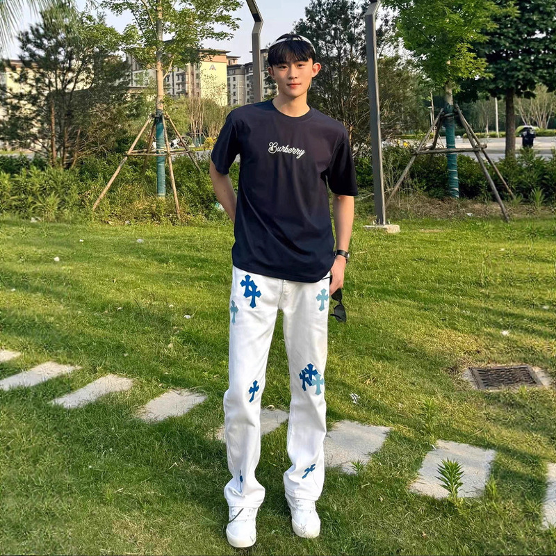 Trendy New Cross Jeans Unisex Loose Straight Pants with Leather Embroidery Blue Casual Pants