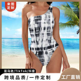 欧美新款单肩黑白格纹连体泳衣女时尚度假游泳衣跨境热卖泳装批发