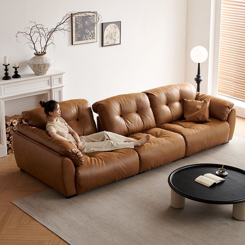 Cloud Mobile Backrest Sofa Living Room Small Apartment New Arrival Sugar-colored Cowhide Retro Style Oil Wax Leather Sofa Italian-style Wood