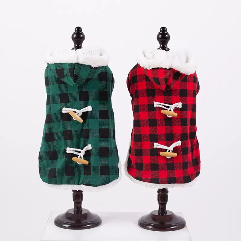 新款格子 狗狗连帽披风冬季保暖衣内层羊羔绒狗狗服装小型中型犬