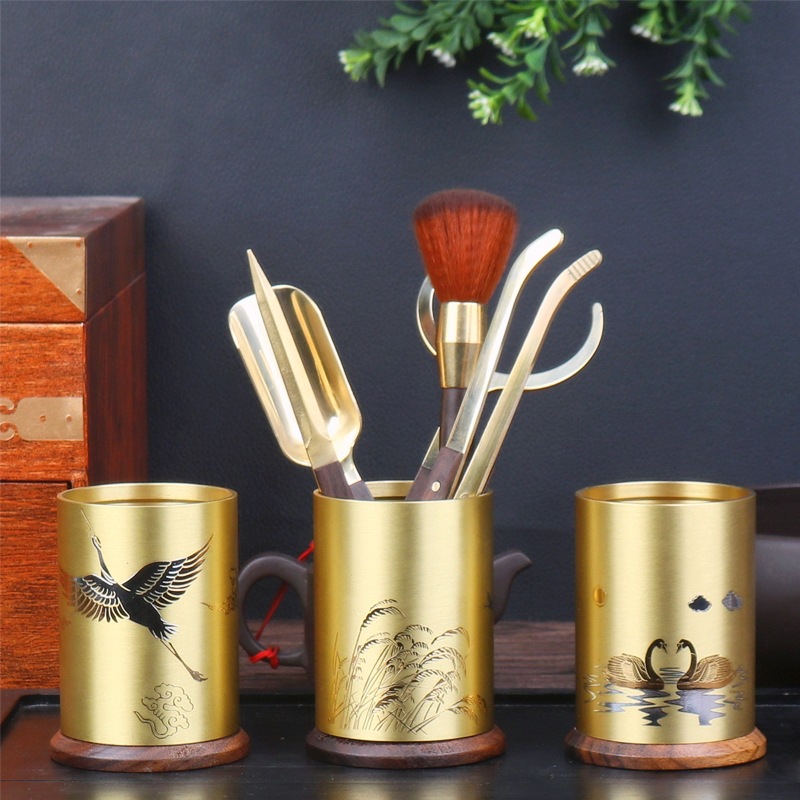 純黃銅茶具套裝黑檀木功夫茶具茶夾養壺筆茶道六君子配件禮盒包裝