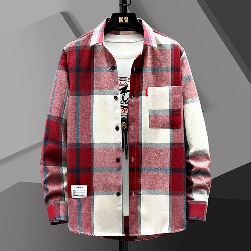 Red Grid Shirt Men's Long Sleeve Loose Casual Collar Shirt Korean Style Trendy Cool Workwear Short Sleeve Outerwear Spring