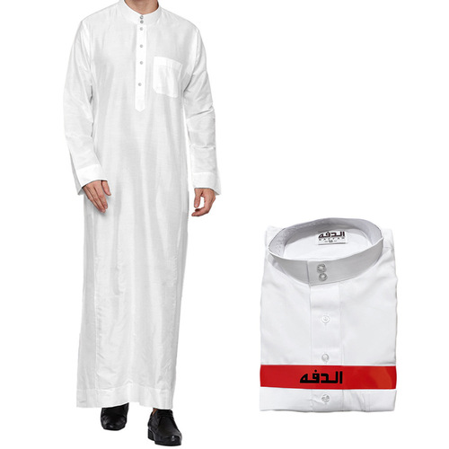 Polyester Men's Long Robe Qatar Stand Collar Robe Pocket Design Arabic Middle East Dubai Tour Clothing
