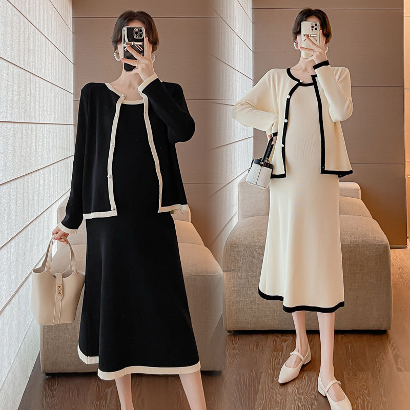 2025 New Autumn and Winter Maternity Elegant Chanel-Style Slimming Cardigan + Suspender Skirt Set Dress 2025 New Autumn and Winter Maternity Elegant Chanel-Style Slimming Cardigan + Suspender Skirt Set Dress