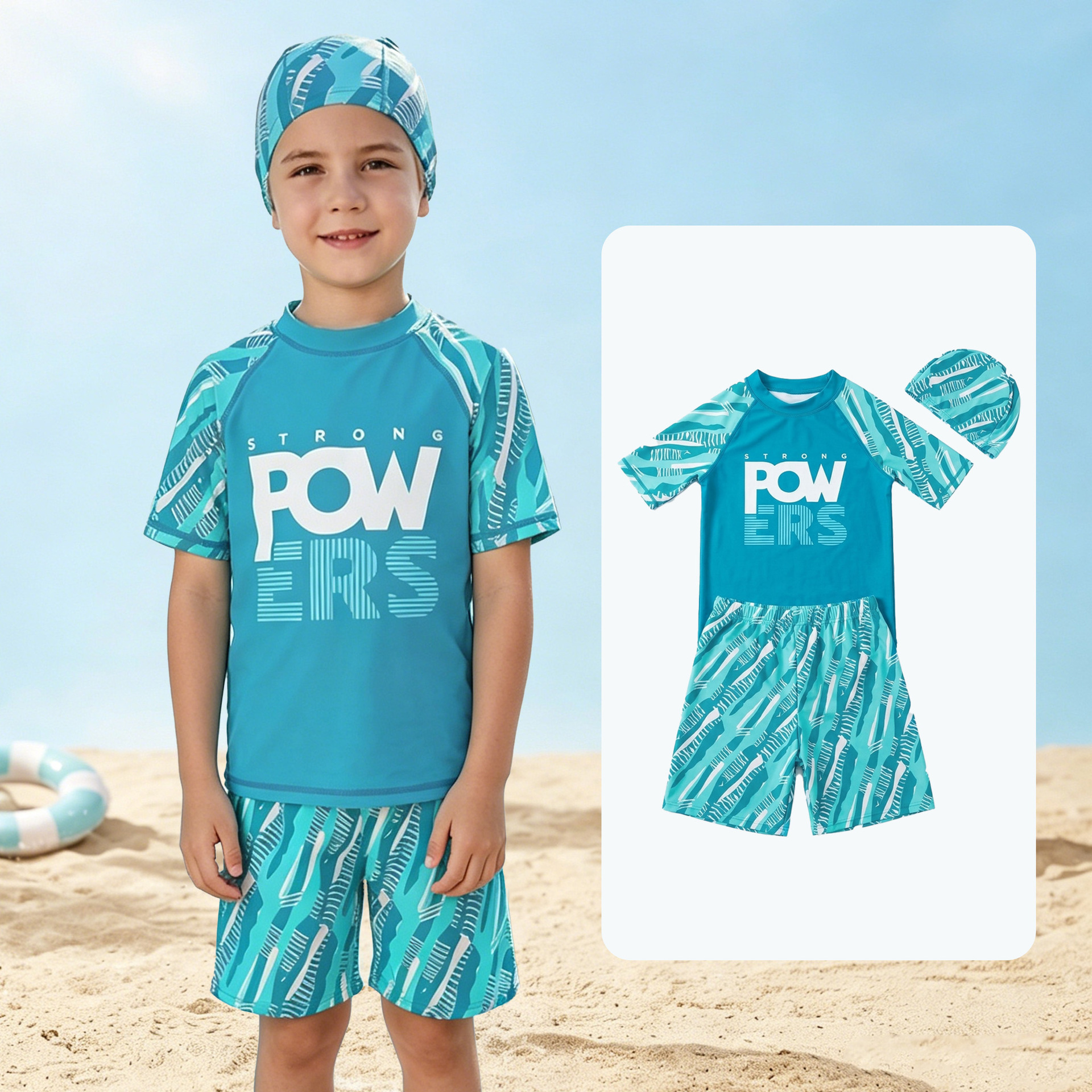 Conjunto de traje de baño para niños de 7 a 12 años, conjunto de tres piezas, diseño de dinosaurio de dibujos animados, protección solar, secado rápido, conjunto de traje de baño de manga larga para niños mayores image 12