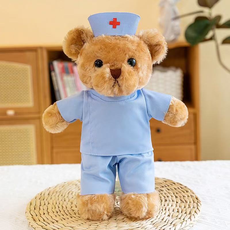 Médico traje de enfermera oso de peluche muñeca de peluche uniforme de enfermera osito puede imprimir logotipo regalo de evento de oso