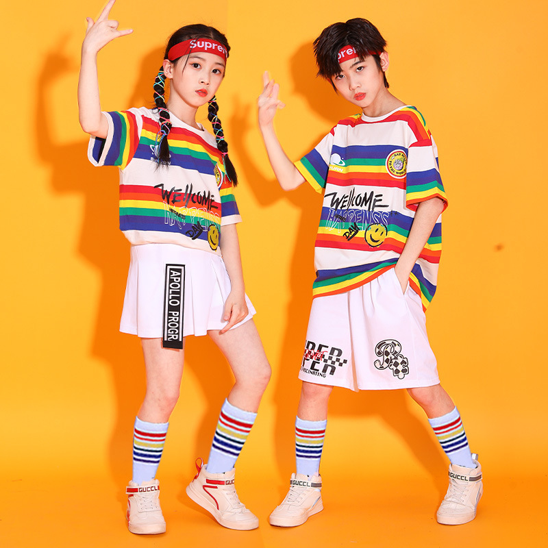 Girls kids boys children hiphop jazz street dance costumes rainbow striped rapper singers gogo dancer aerobics exercises football cheeleaders outfits for kids