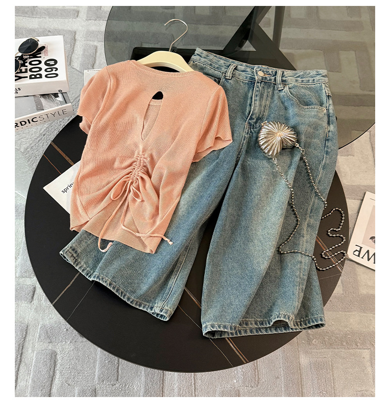 Women's Clothing Women's Summer New Casual Sports Fashion Suit Round Neck Back Tie Hollow Short Sleeve Denim Pants Two Piece Suit_mkmklike.com