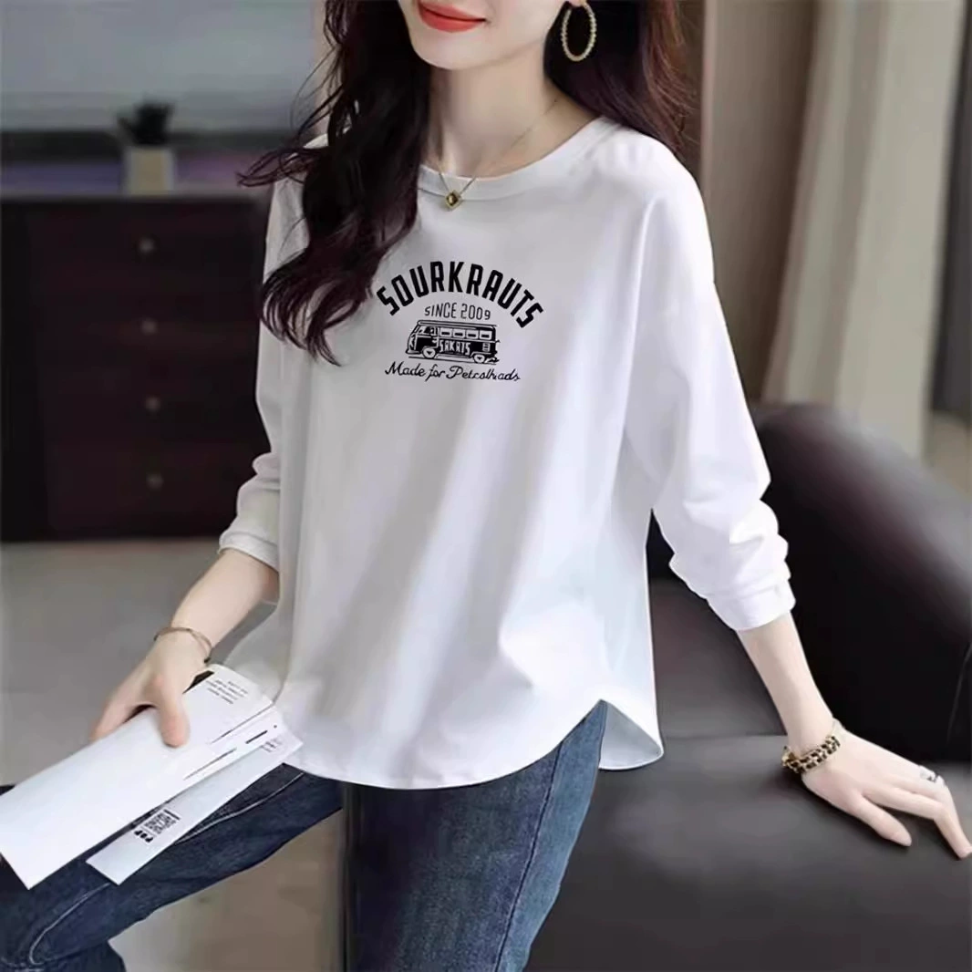 Весенний и осенний 2024 новый дизайн чувство нишевые нижние рубашки с изогнутым подолом топ из хлопка свободные футболки с длинными рукавами для женщин