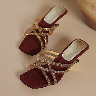 Elegant All-match Wedge Sandals Women's Outer Wear 2025 Summer New Style Dress Stylish Rhinestone Fashion High Heel Slipper