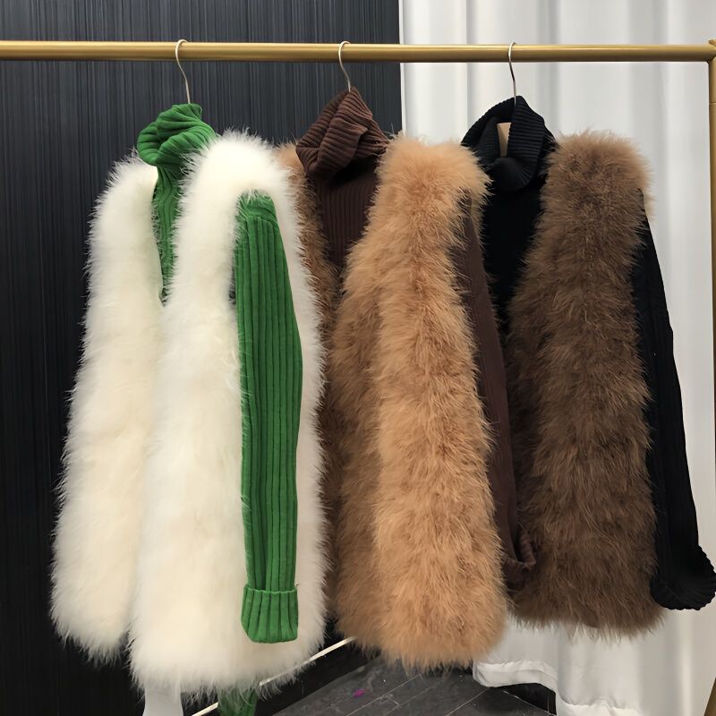 Versatile Mid-Length Solid Color Vest for Women, Autumn and Winter Trendy Fur New Solid Color Genuine Fur Plush Sleeveless Vest for Girls, Knitted