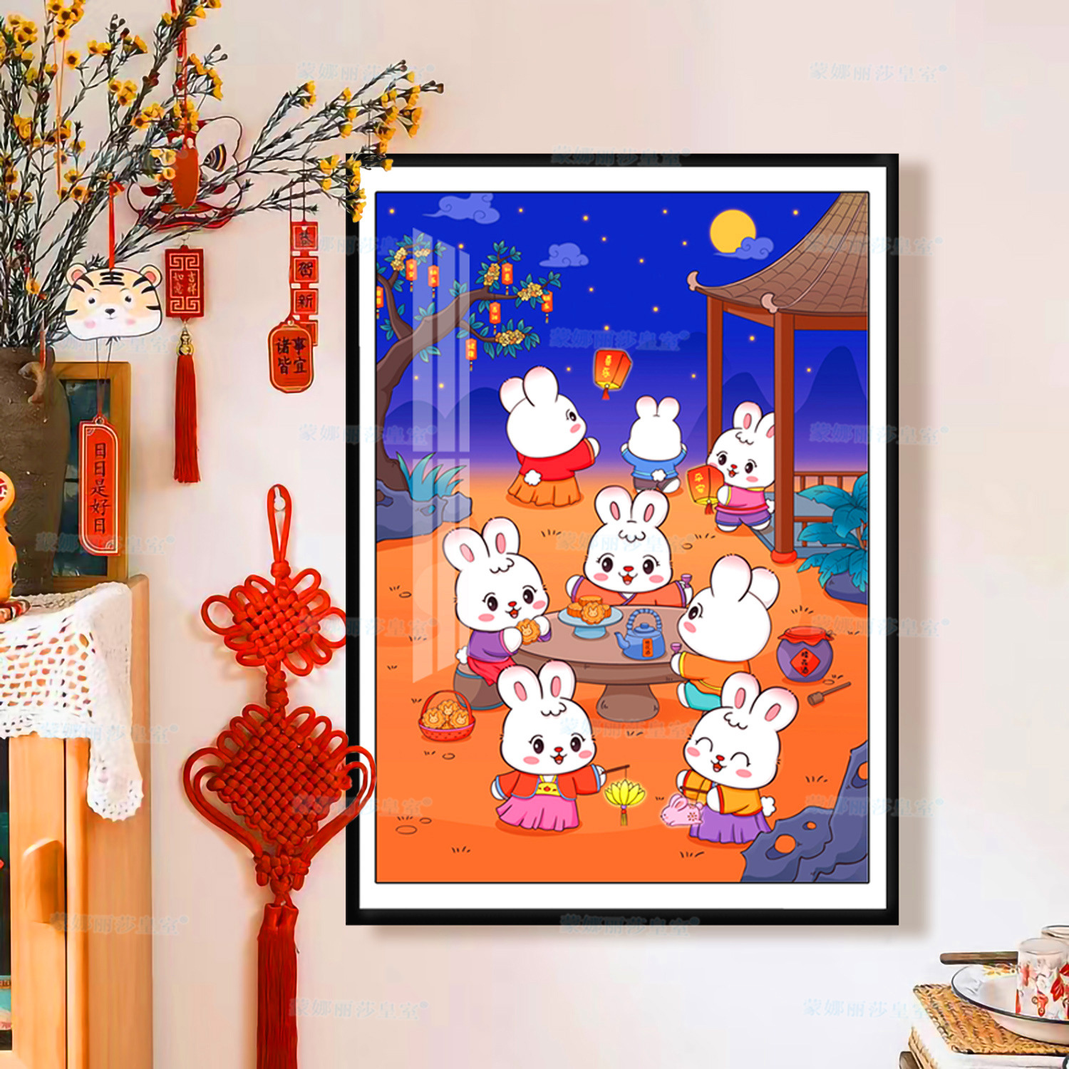 Mona Lisa real bordado cruzado del medio otoño conejito de la luna nueva caricatura china encantadora bendición pequeña hecha a mano