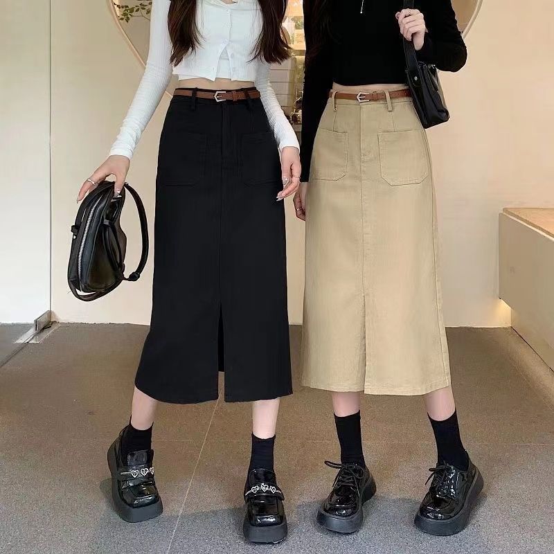 港味复古工装半身裙女秋季中长款直筒开叉一步裙卡其色高腰牛仔裙