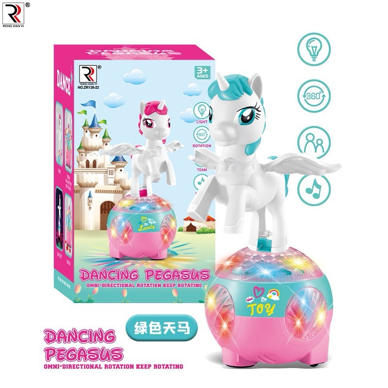 Cartoon transfronterizo eléctrica universal danza iluminación escenario juguete unicornio se moverá girar juguetes de Navidad para niños
