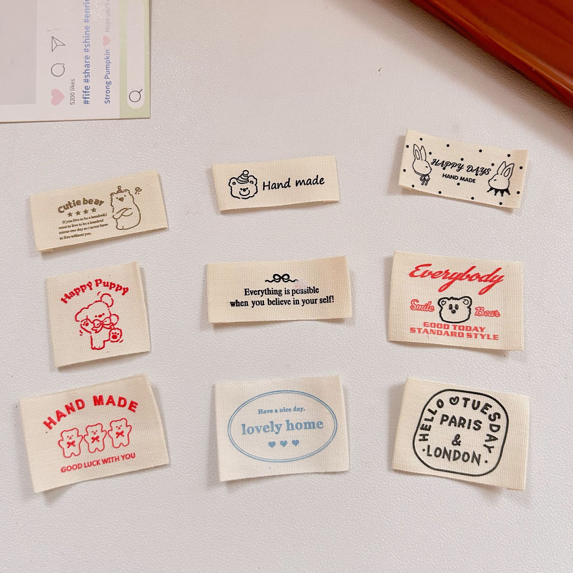 韩系简约百搭纯棉布标diy手工小熊英文字母红字蓝字棉带布艺标签