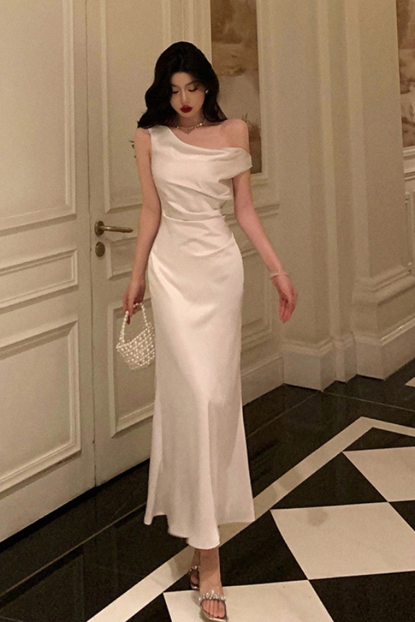 French-Style Socialite Temperament Off-Shoulder Satin Swing Collar Dress for Women, Autumn Popular High-End Mermaid Evening Gown Long Dress