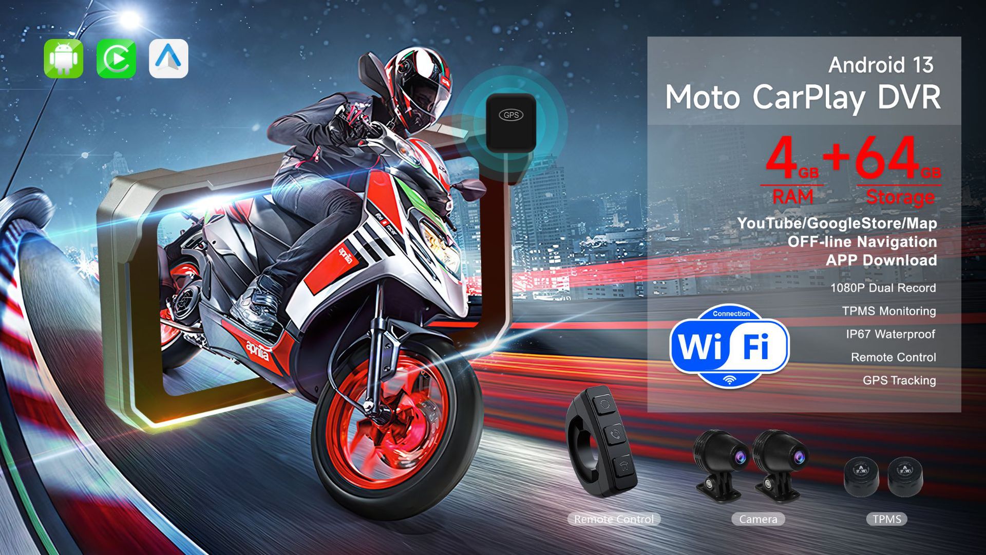 6inch Motorcycle dashcam with front and rear dual lenses, GPS, wireless CarPlay, motorcycle vehicle recorder