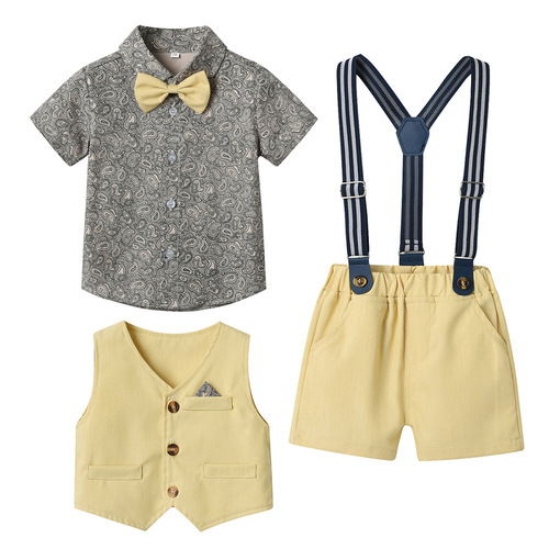Korean style short-sleeved boys' shirt with suspenders and shorts suit  summer children's vest flower cardigan retro suit