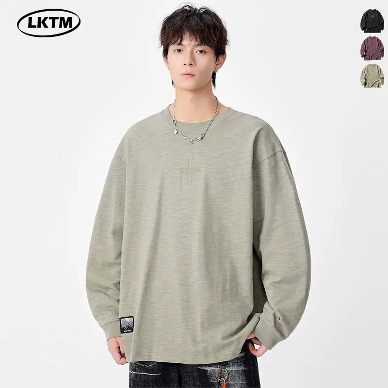 LKTM男装 秋季新款竹节棉刺绣长袖T恤男潮牌宽松纯棉百搭打底上衣
