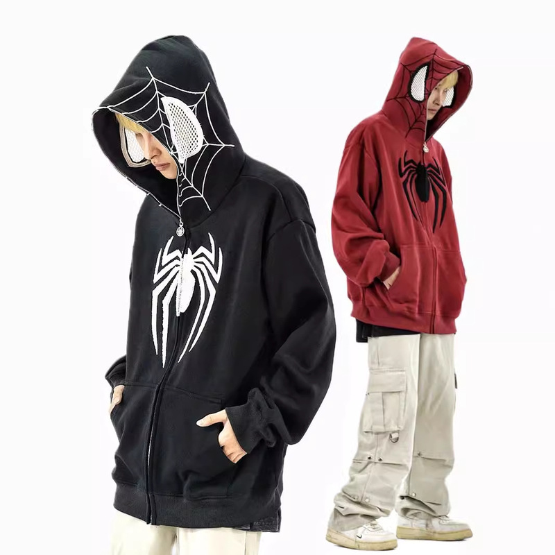 Autumn American Retro Hooded Sweater Men's Trendy Brand High Street Spider-Man Embroidered Couple Niche Loose Jacket Cardigan Autumn American Retro Hooded Sweater Men's Trendy Brand High Street Spider-Man Embroidered Couple Niche Loose Jacket Cardigan