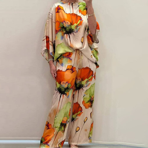 Independent station Spring European and American women's clothing temperament elegant floral bat sleeve wide-leg pants fashion set 661