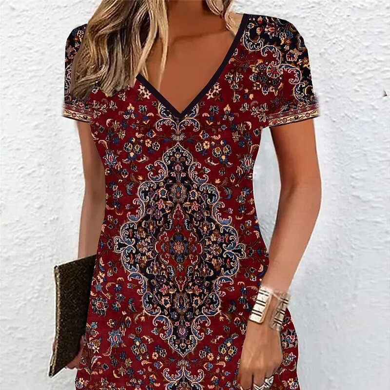 Women's T-shirt Group Printed V-neck Mini Dress Active Fashion Outdoor Daily Short Sleeve Regular Repair