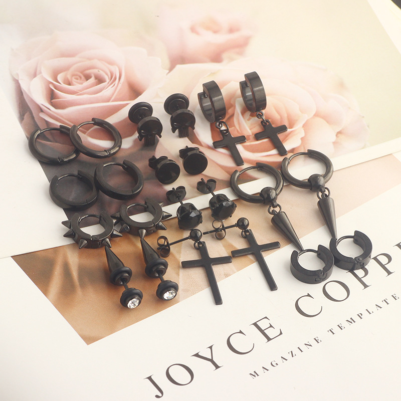 12 Pair Black Stainless Steel Cross Dumbbell Earrings Set - Cartilage Hoops for Men Women detail image 9