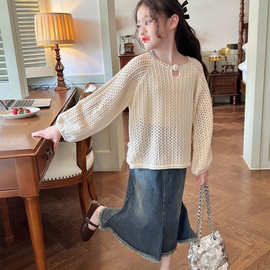 女童设计感镂空针织衫春秋新款儿童宝宝慵懒风毛衣图片色上衣冰丝