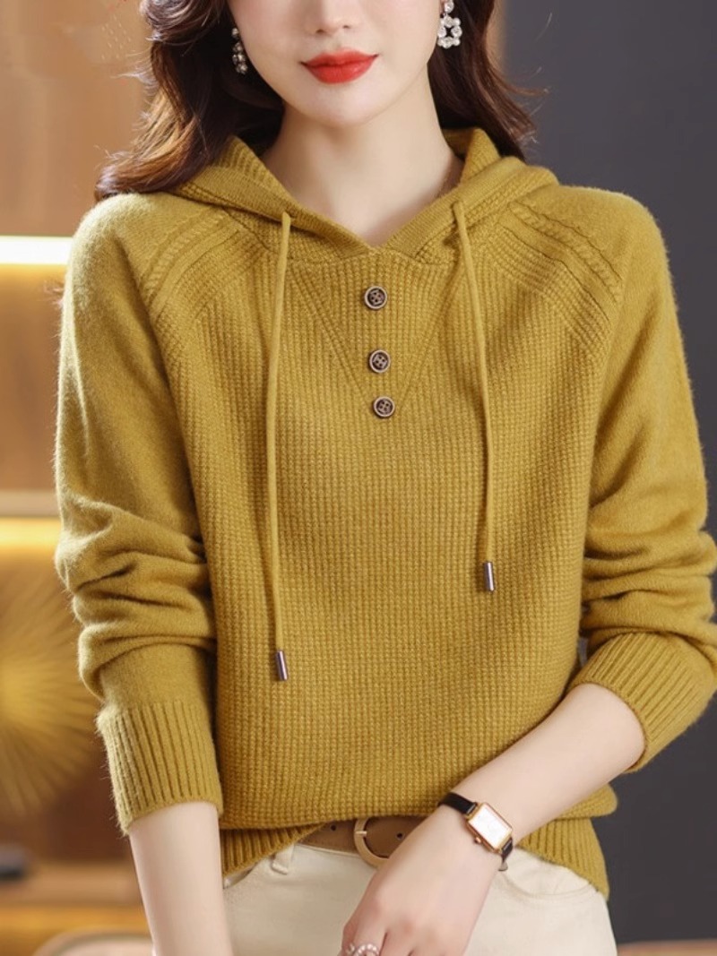High-Quality Spring & Fall New Knitted Woolen Sweater Short Hooded Sweatshirt Women's Fashionable and Age-Reducing Pure Color Top Trendy