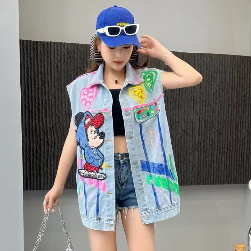 Marca de moda tailandesa 2024 primavera nueva industria pesada diamante clip de diseño esquinilla sensación de chaqueta de vaqueros sin mangas chaleco de mujer