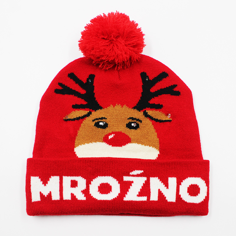 Fabricante transfronterizo de gorros navideños europeos y americanos tejidos en jacquard, gorros navideños de lana con luces LED, gorros navideños con pompón y bufandas. image 38
