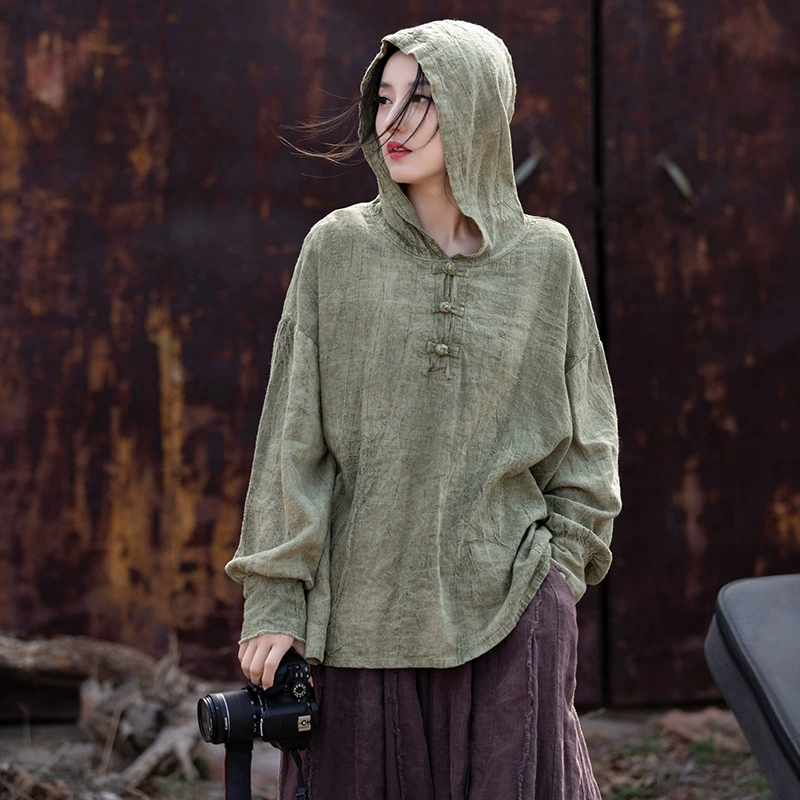 Женская осенне-зимняя одежда в китайском стиле из улучшенного оригинального рами и хлопка ручной работы с тай-дай, свободного кроя, с застежкой на пуговицы и капюшоном